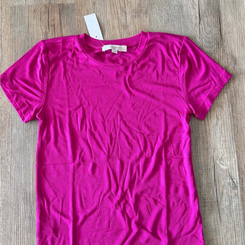 LOFT Fuchsia Ribbed Short Sleeve Crew Neck Tee